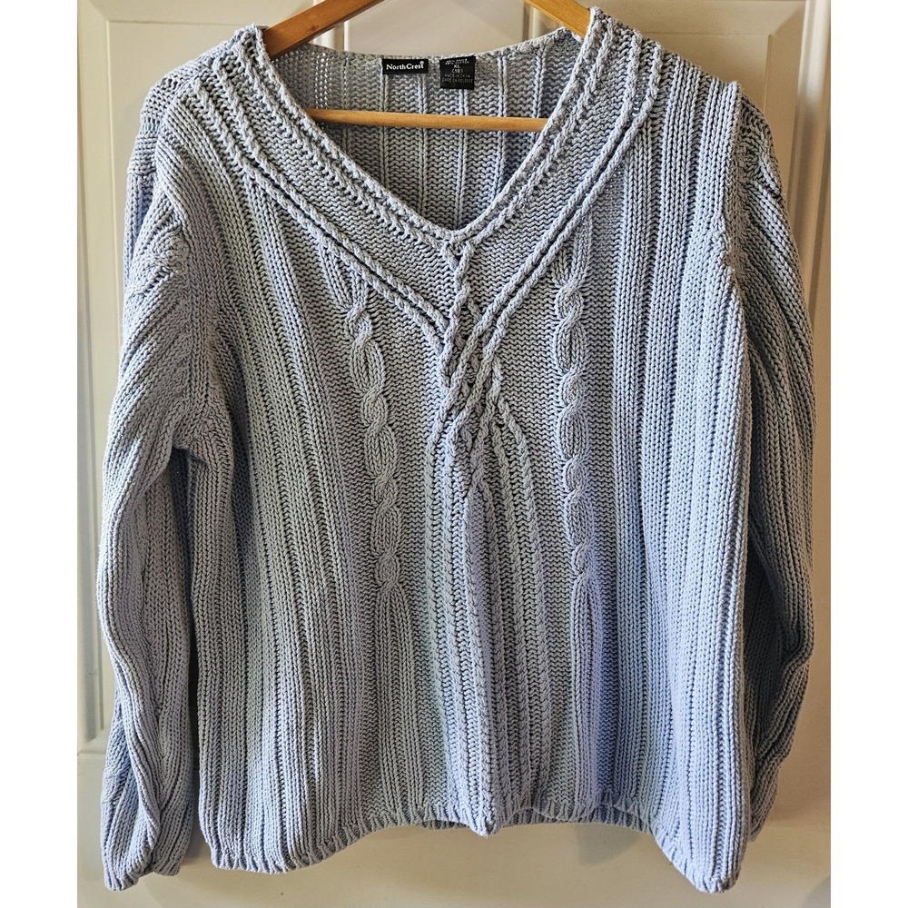 NorthCrest XL‎ Blue Cable Knit Sweater Women's V Neck Cotton Ramie Pullover